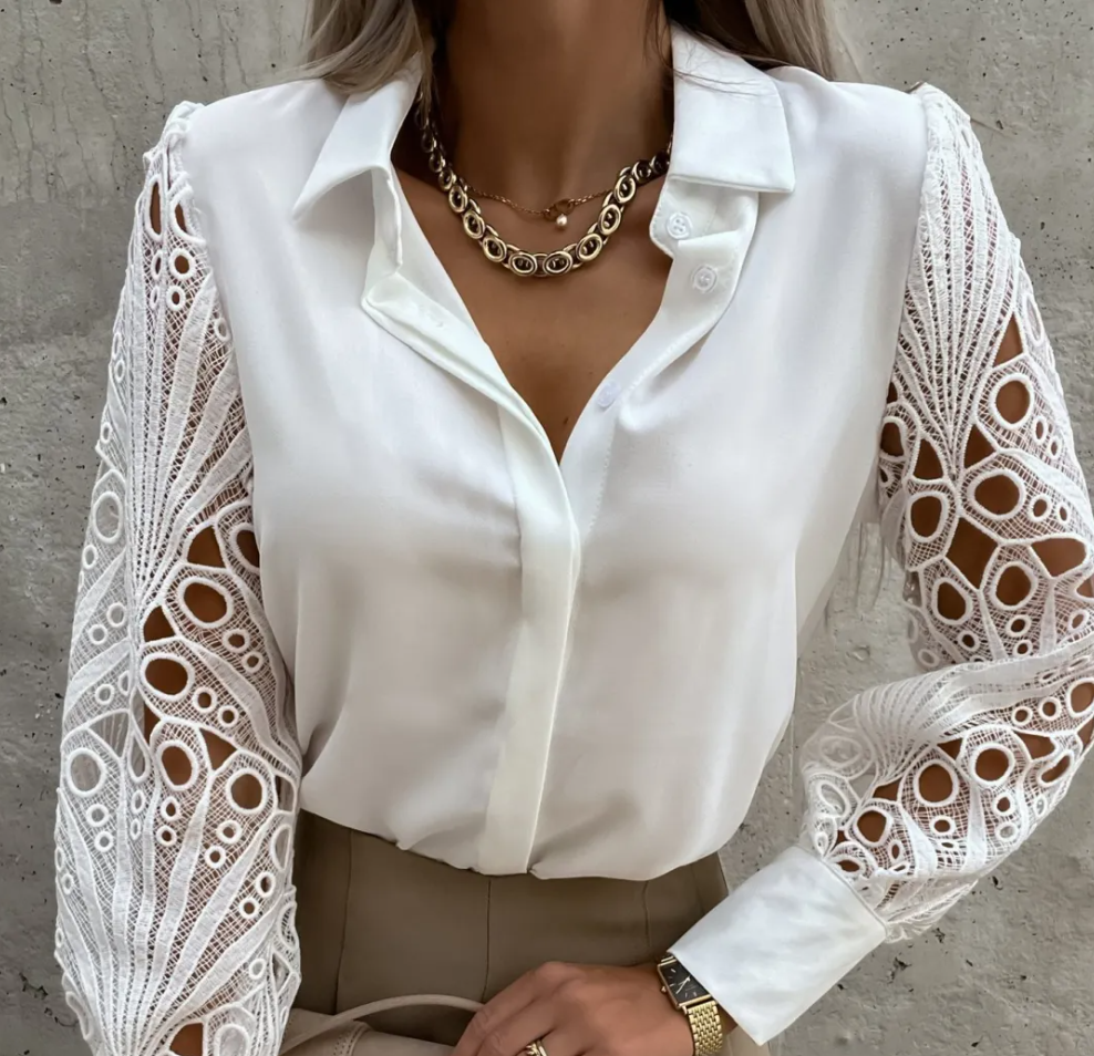 StyleSavvy Lace Sleeve Button-Up Blouse Castello Clothing Line