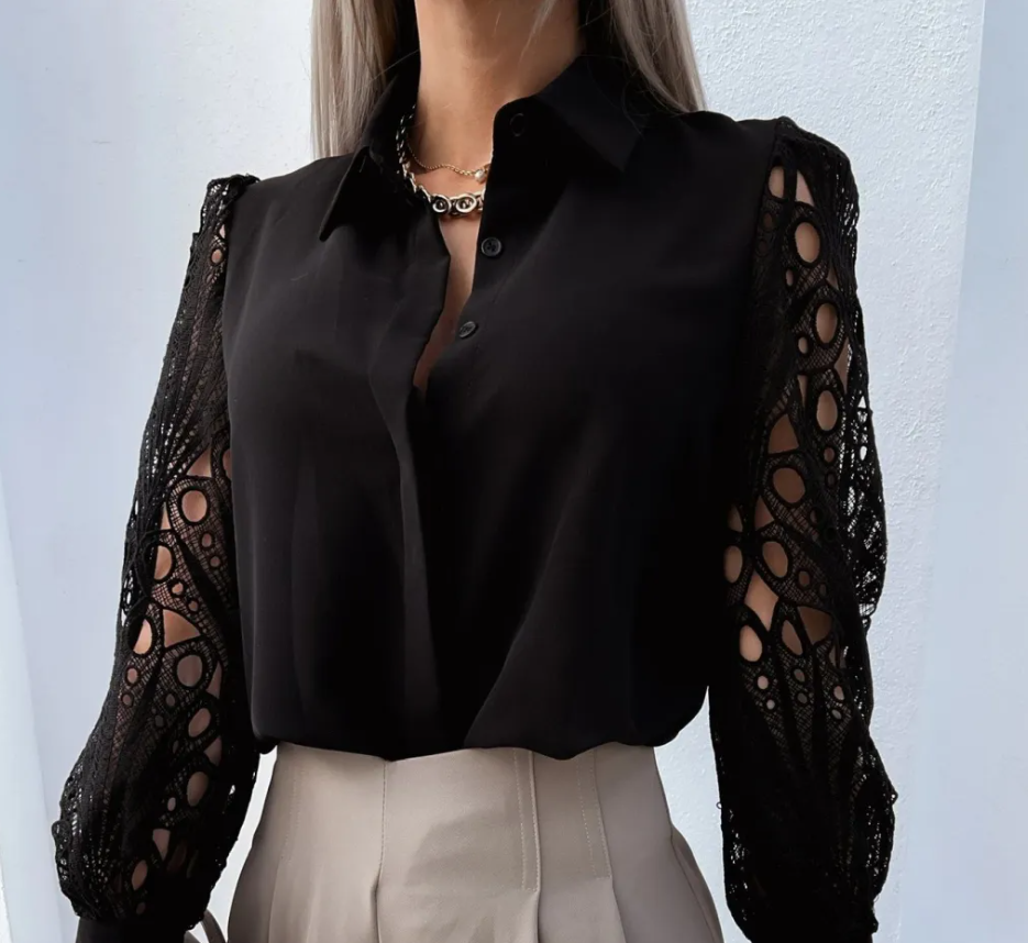 StyleSavvy Lace Sleeve Button-Up Blouse Castello Clothing Line