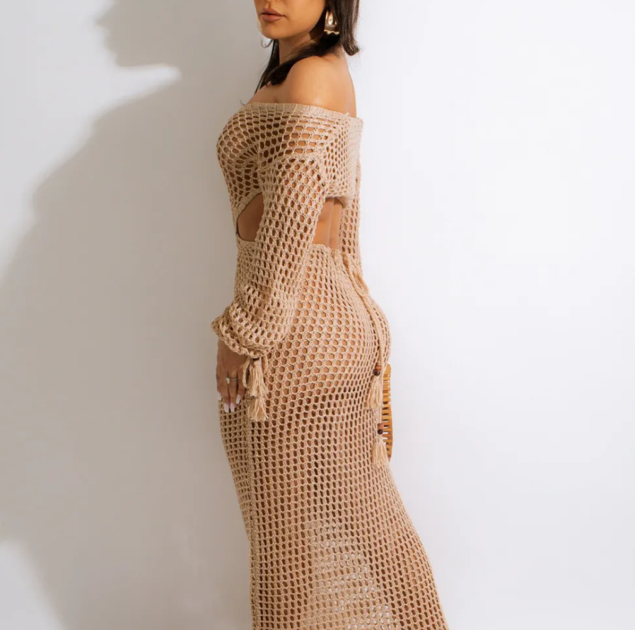Veda Long Sleeve Crochet Cutout Sheer Maxi Dress Castello Clothing Line