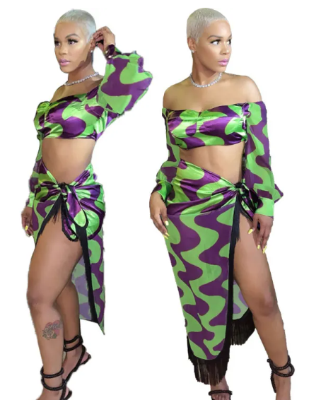 Off Shoulder Long Sleeve Crop Top with Tassel Wrap Skirt Set  Castello Clothing Line   