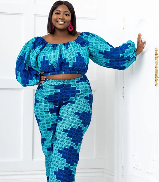 Plus Size Off Shoulder 2-Piece Pants Set with Long Puff Sleeves and High Waisted Pants  Castello Clothing Line   