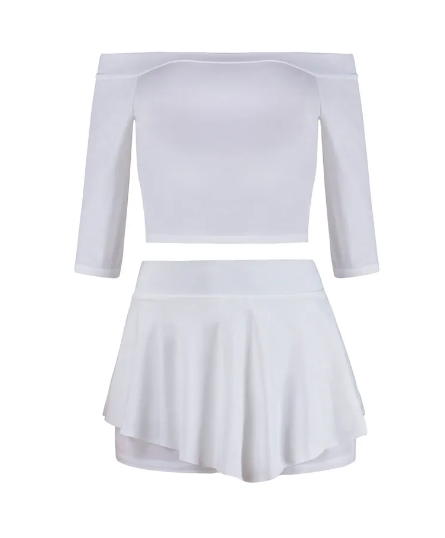 Pixie White Off-Shoulder Crop Top & Skort Set  Castello Clothing Line   