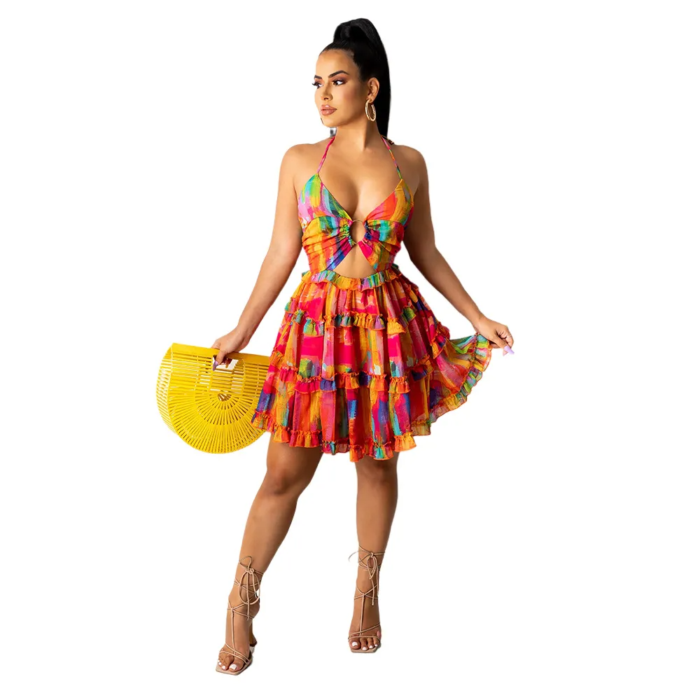 Ana Vibrant Tiered Cutout Halter Tie-Back Mini Dress Castello Clothing Line