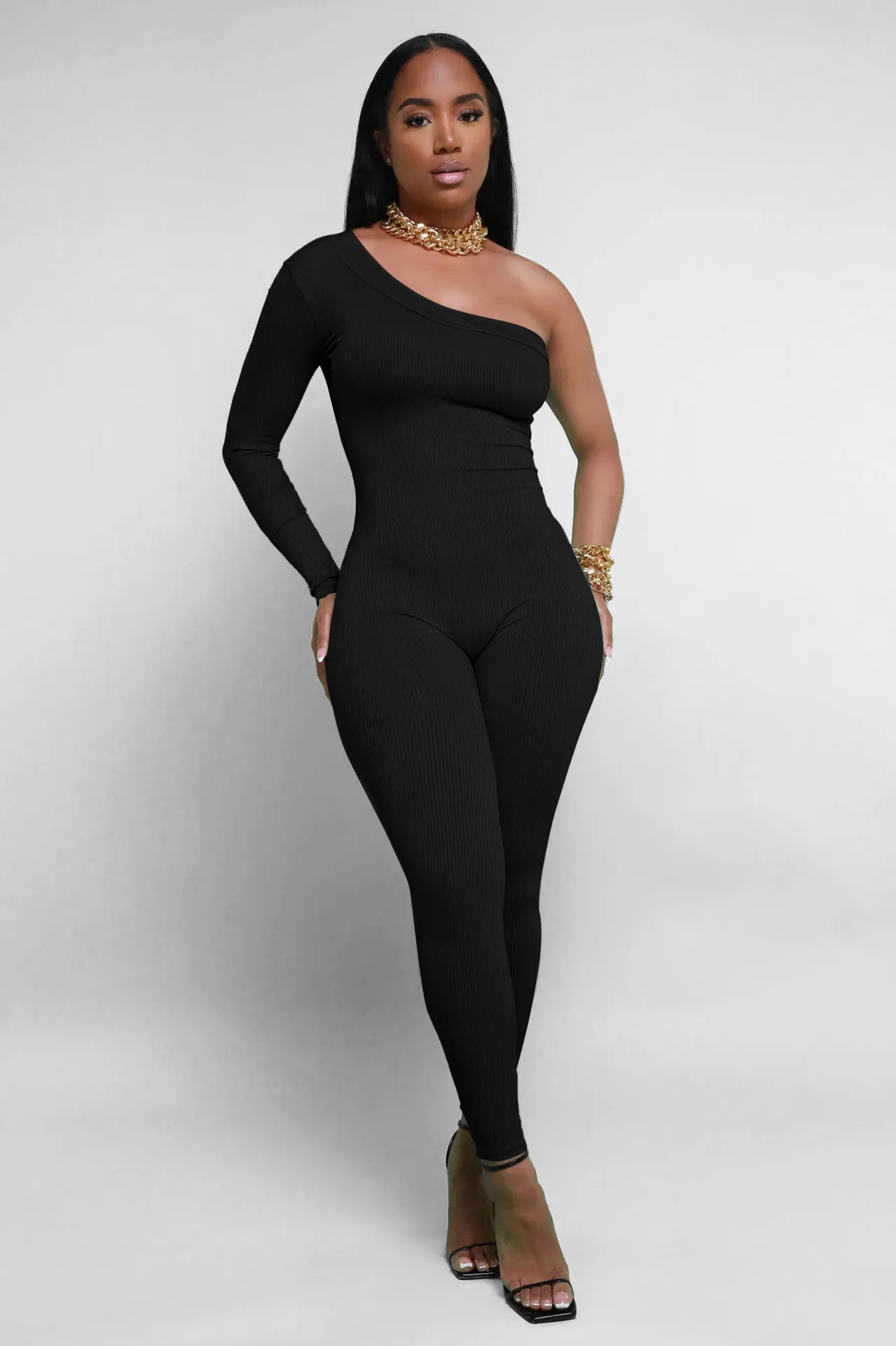 Kimberly One-Shoulder Long Sleeve Ribbed Bodycon Jumpsuit bodycon jumpsuit Castello Clothing Line