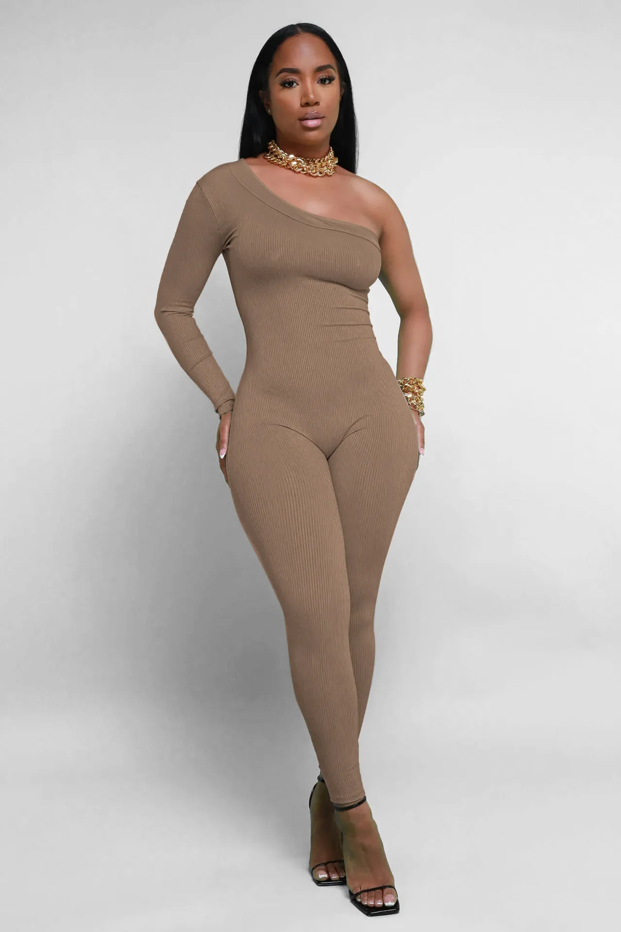 Kimberly One-Shoulder Long Sleeve Ribbed Bodycon Jumpsuit bodycon jumpsuit Castello Clothing Line