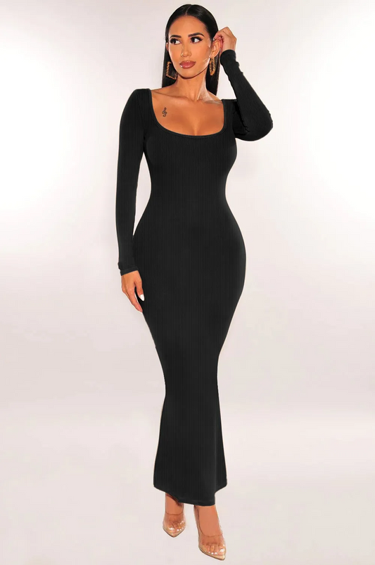 Nerina Ribbed Scoop Back Long Sleeve Bodycon Maxi Dress maxi dress Castello Clothing Line