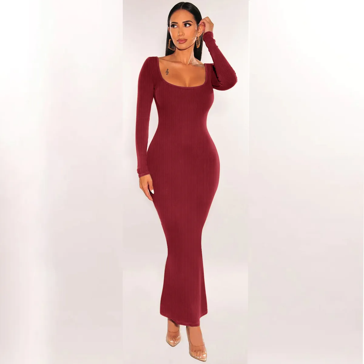 Callia Ribbed Long Sleeve Scoop Neck Maxi Dress maxi dress Castello Clothing Line