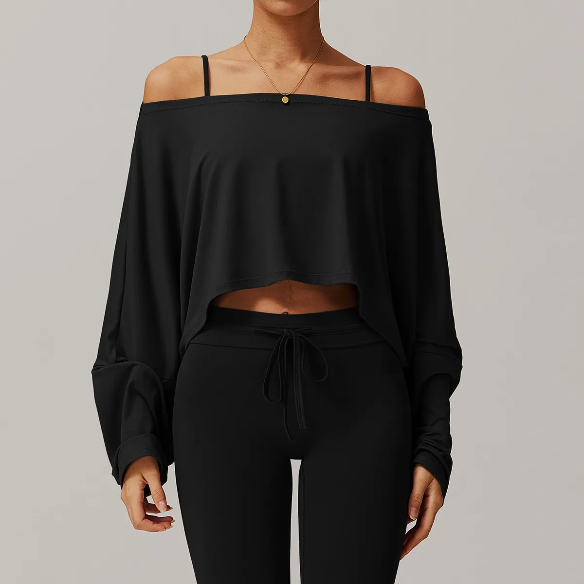 Caeli Long Sleeve Wide Neck Relaxed Cropped Top workout tops and t-shirts Castello Clothing Line