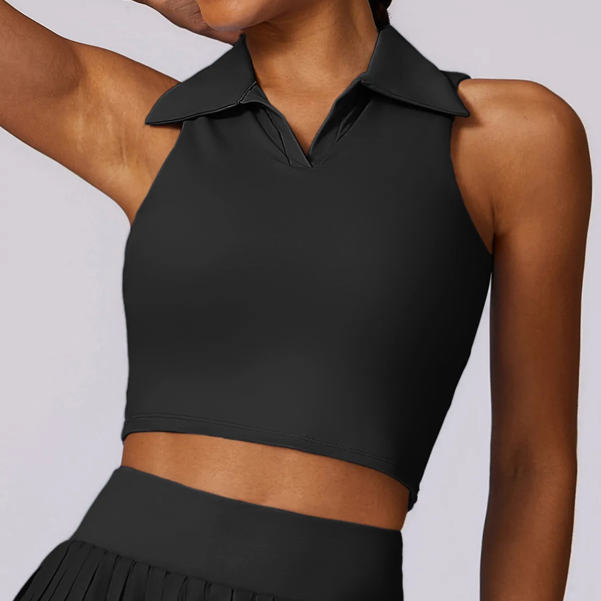 Haya Sleeveless Collared V-Neck Cropped Tank Top workout tops and t-shirts Castello Clothing Line