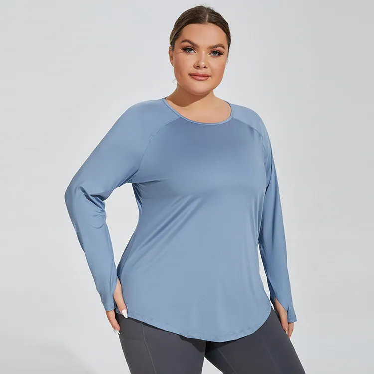 Avery Plus Size Long Sleeve Laser Cut Stretch Knit T-Shirt workout tops and t-shirts Castello Clothing Line