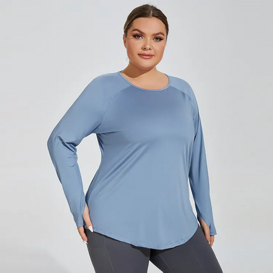 Avery Plus Size Long Sleeve Laser Cut Stretch Knit T-Shirt workout tops and t-shirts Castello Clothing Line