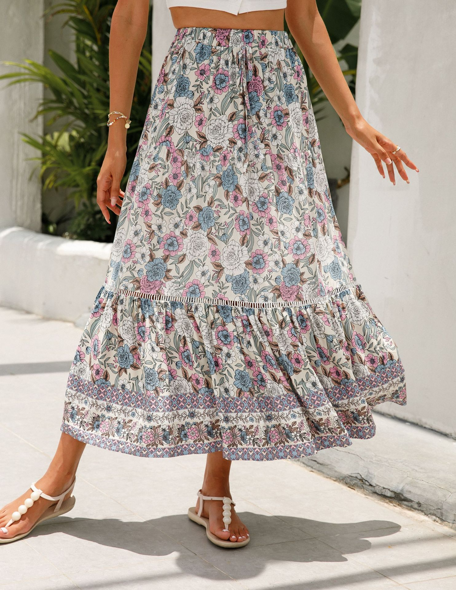 High Waist Floral Maxi Skirt with Stretch Waist Band - Breathable Polyester/Spandex Blend  Castello Clothing Line   