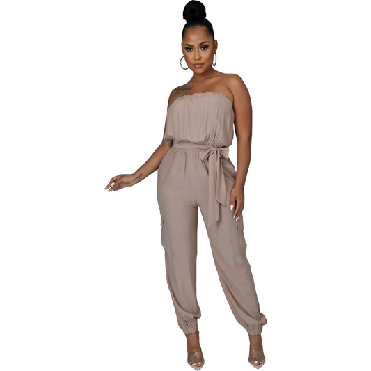 Talia Strapless Tie Waist Cargo Jogger Jumpsuit women jumpsuits Castello Clothing Line