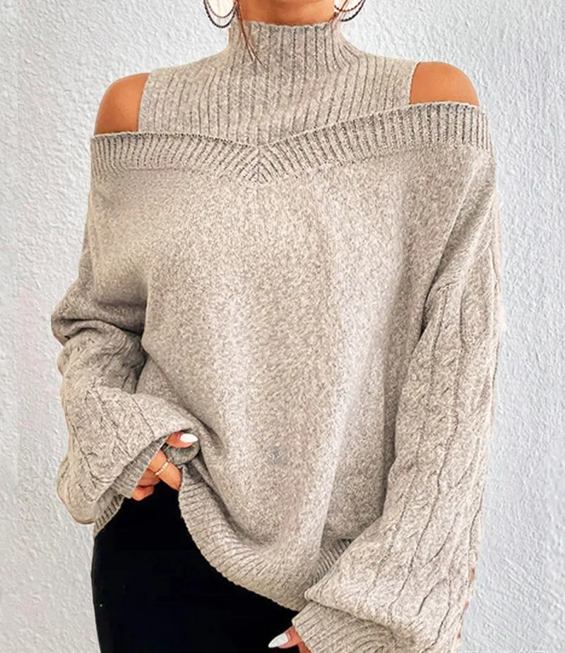 Exposed Knit Cold Shoulder Turtleneck Sweater Castello Clothing Line