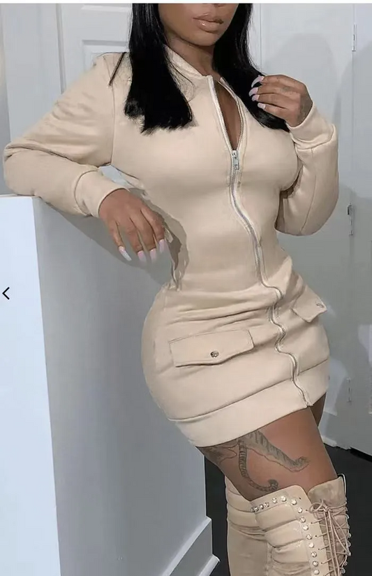 Nerissa Zip-Front Long Sleeve Bodycon Mini Dress Castello Clothing Line