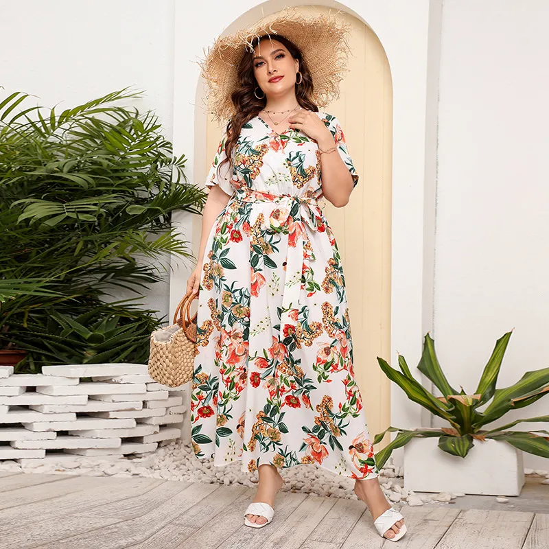 Briony Plus Size Short Sleeve Belted Floral Maxi Dress maxi dress Castello Clothing Line