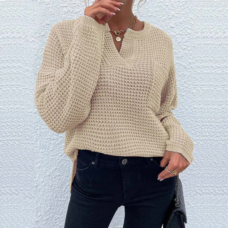 Horizon Waffle Knit V-Neck Long Sleeve Sweater Castello Clothing Line