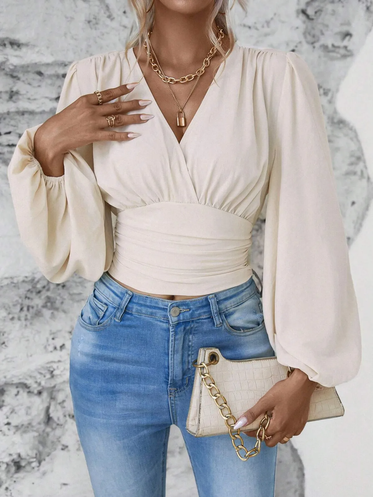 Seraphine Ruched V-Neck Long Sleeve Smocked Crop Top Castello Clothing Line