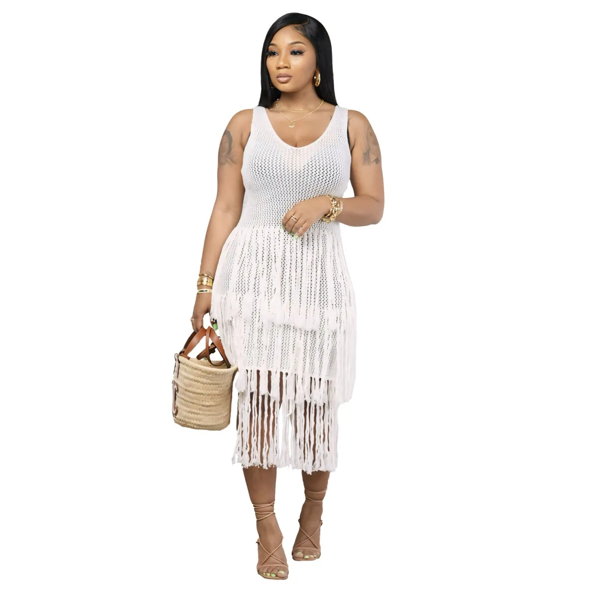 Shea Sleeveless Crochet Tiered Fringe Midi Dress midi dress Castello Clothing Line