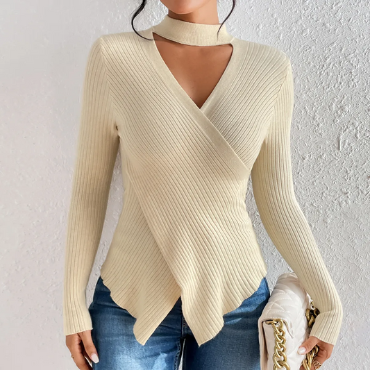 Poised Wrap V-Neck Ribbed Knit Long Sleeve Sweater Castello Clothing Line