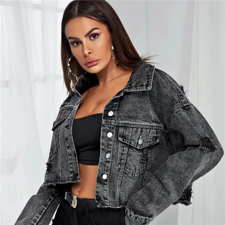 Rapture Distressed Cropped Button-Up Denim Jacket Castello Clothing Line