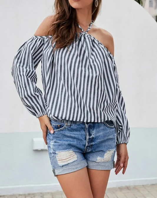 Barely Basic Striped Halter Off-Shoulder Balloon Sleeve Top Castello Clothing Line