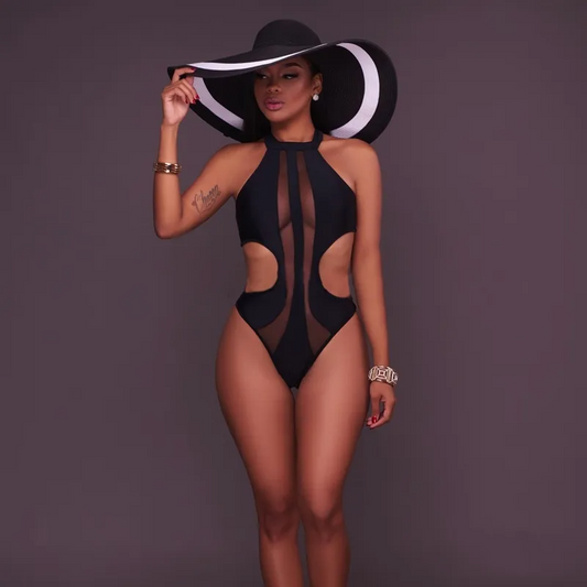 Mesh Halter Neck Cutout One Piece Swimsuit  Castello Clothing Line   