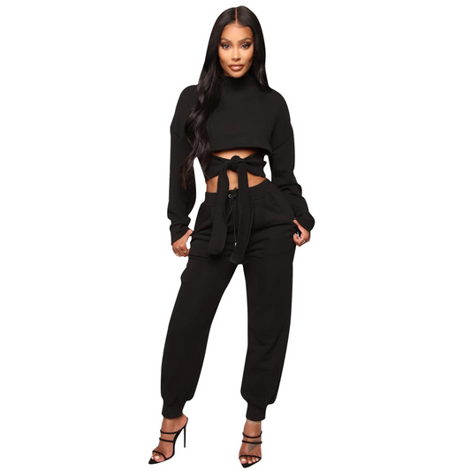 Cropped Sweater Top and Pants Set with Cut Out Sleeves and Front Tie  Castello Clothing Line   