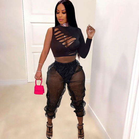 One Sleeve Cut Out Top & Sheer Pants Sets in Spandex/Polyester  Castello Clothing Line   