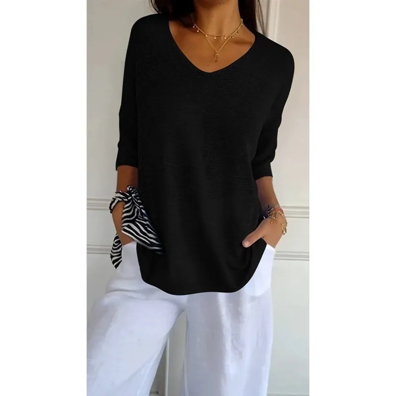 Tango V-Neck Relaxed Knit 3/4 Sleeve Sweater Top Castello Clothing Line