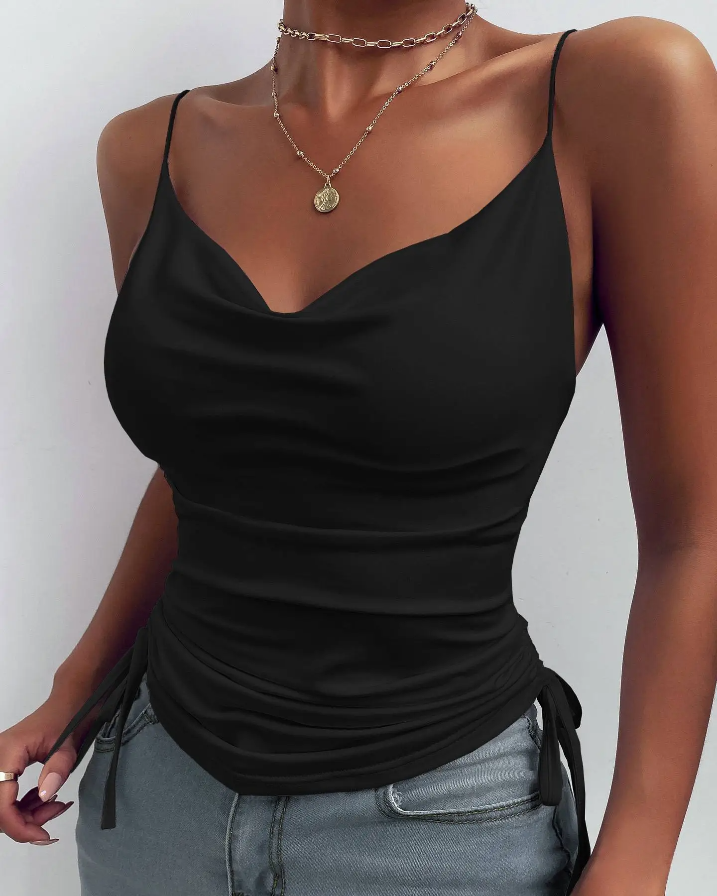 Flirtatious Ruched Cowl Neck Tank  Castello Clothing Line   