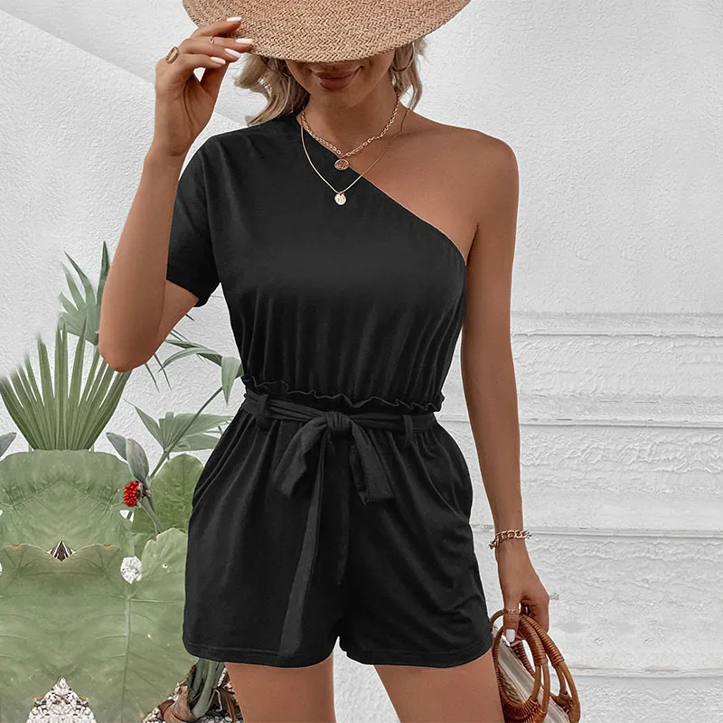 Stolen Glances One-Shoulder Belted Romper  Castello Clothing Line   