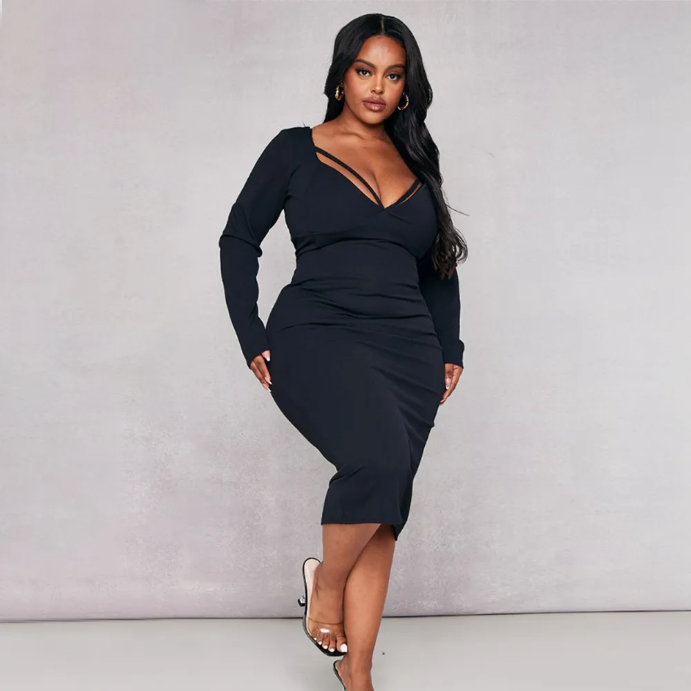 Bree Plus Size V-Neck Long-Sleeve Bodycon Midi Dress midi dress Castello Clothing Line