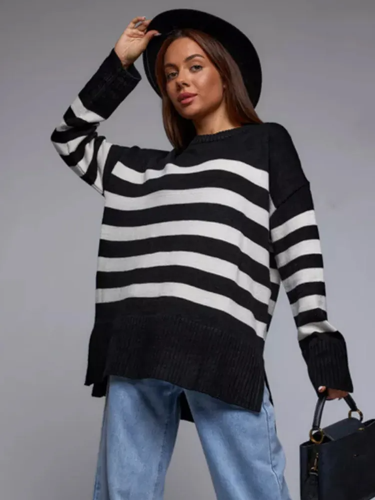 Tempo Striped Oversized Knit Long Sleeve Sweater Castello Clothing Line
