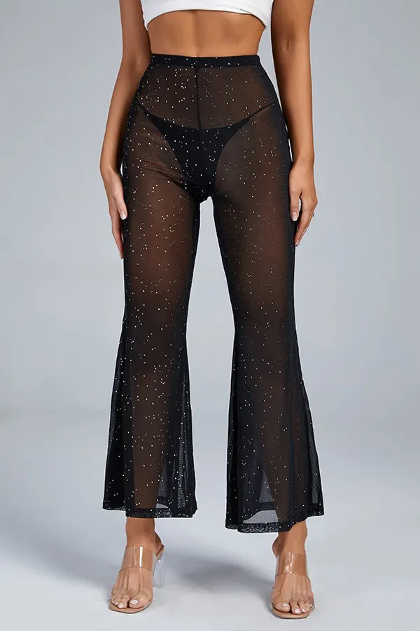 Riven High-Waisted Sheer Glitter Flare Pants Castello Clothing Line