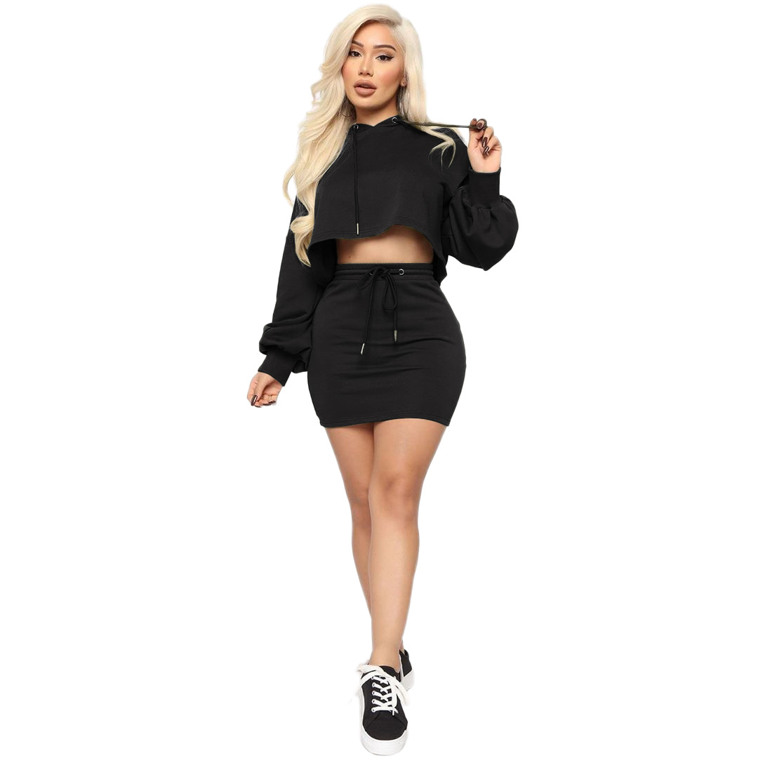 Cropped Hooded Sweater & Drawstring Skirt Set  Castello Clothing Line   