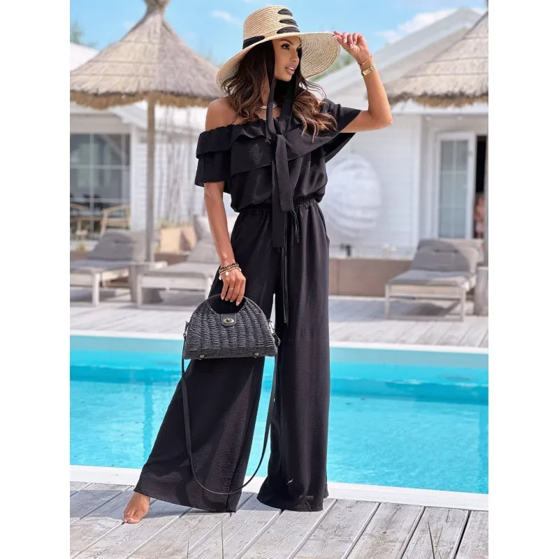 Jessa Off-Shoulder Ruffle Tiered Wide-Leg Jumpsuit women jumpsuits Castello Clothing Line