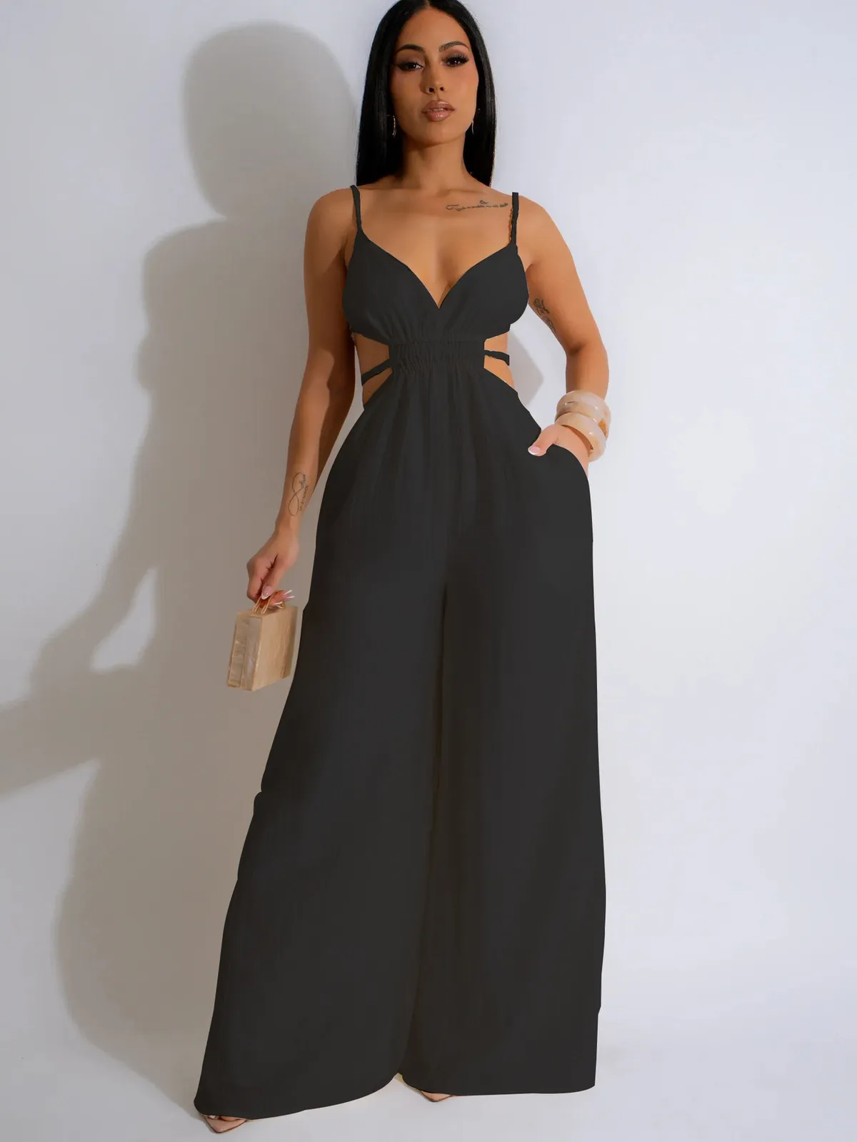 Jovana Sleeveless Cutout Back Wide Leg Jumpsuit women jumpsuits Castello Clothing Line