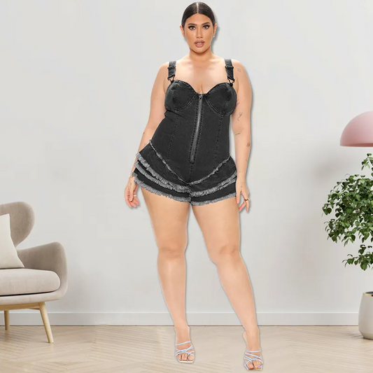 Bold Beauty Ruffled Denim Plus-Size Romper  Castello Clothing Line   