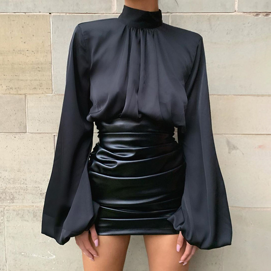 Midnight Glam Long Sleeve Satin Blouse  Castello Clothing Line   