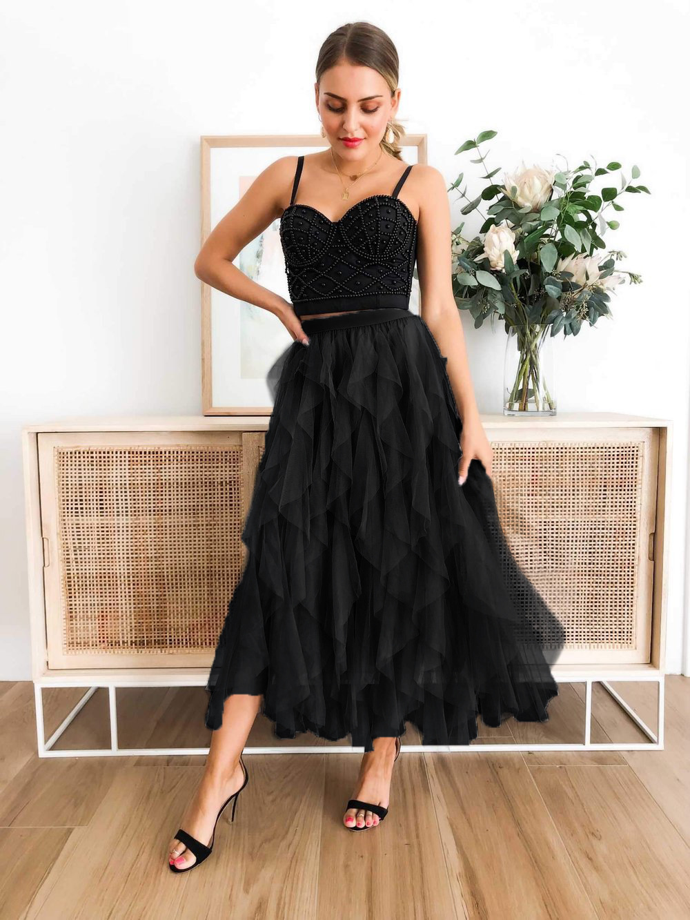 High Waist Maxi Skirt with Layered Mesh Lace  Castello Clothing Line   