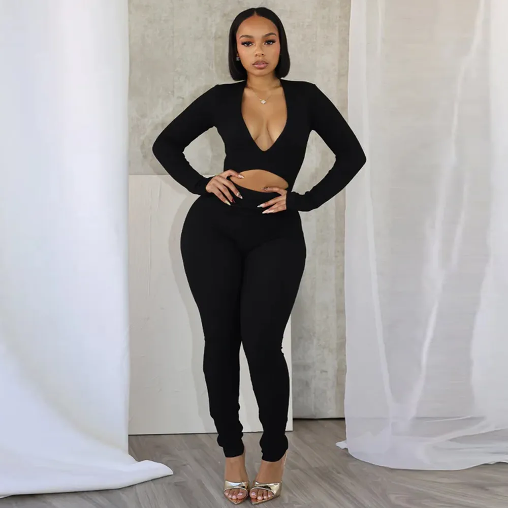 Fifi Long Sleeve Ribbed Cutout Bodycon Jumpsuit women jumpsuits Castello Clothing Line