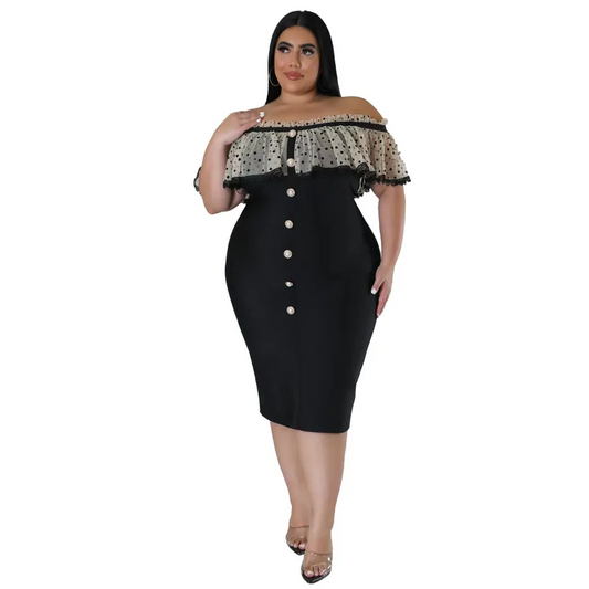 Clarissa Plus Off Shoulder Polka Dot Ruffle Bodycon Midi Dress Castello Clothing Line