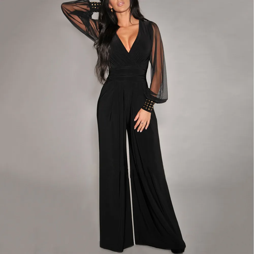 Aaliyah Sheer Sleeve V-Neck Pleated Wide-Leg Jumpsuit women jumpsuits Castello Clothing Line