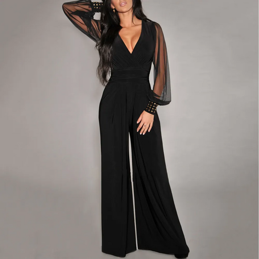 Aaliyah Sheer Sleeve V-Neck Pleated Wide-Leg Jumpsuit women jumpsuits Castello Clothing Line