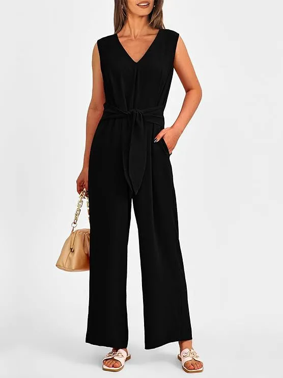 Genesis Sleeveless V-Neck Belted Wide-Leg Jumpsuit women jumpsuits Castello Clothing Line