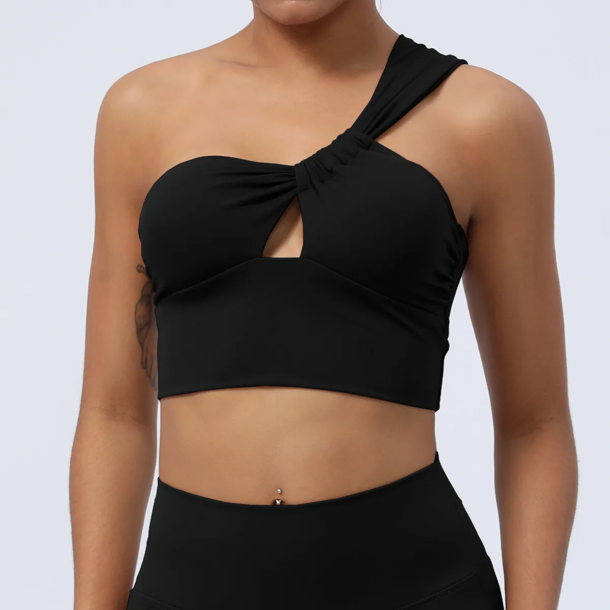 Trix One-Shoulder Ruched Cutout Cropped Workout Top sports top & bras Castello Clothing Line