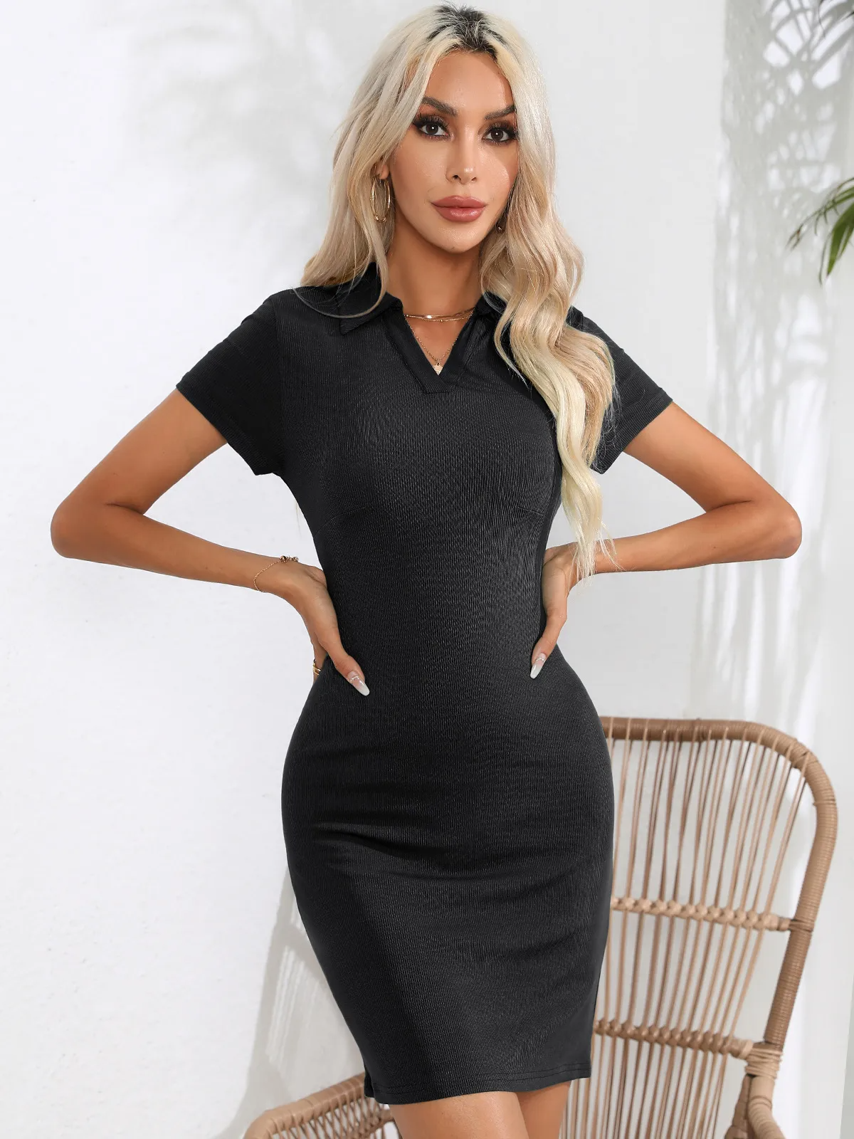 Sia Collared Short-Sleeve Bodycon Mini Dress Castello Clothing Line