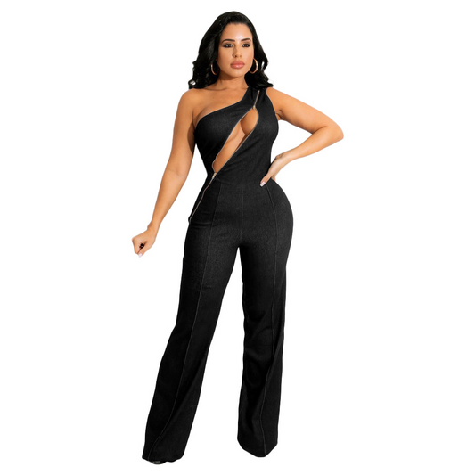 Madeline One-Shoulder Cutout Denim Jumpsuit women jumpsuits Castello Clothing Line
