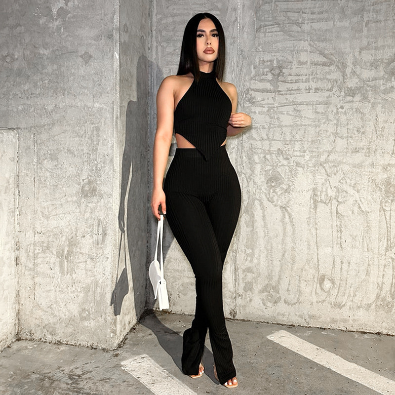 Cropped Halter Neck Top & Pants Set - Ribbed Halter, Backless, Slit Pants - Polyester/Spandex  Castello Clothing Line   